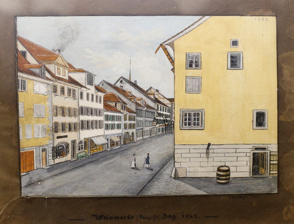 Etwa das Gemälde vom Weinmarkt, das von C. A. Luthiger 1842 gemalt wurde und die Zuger Neugasse zeigt.