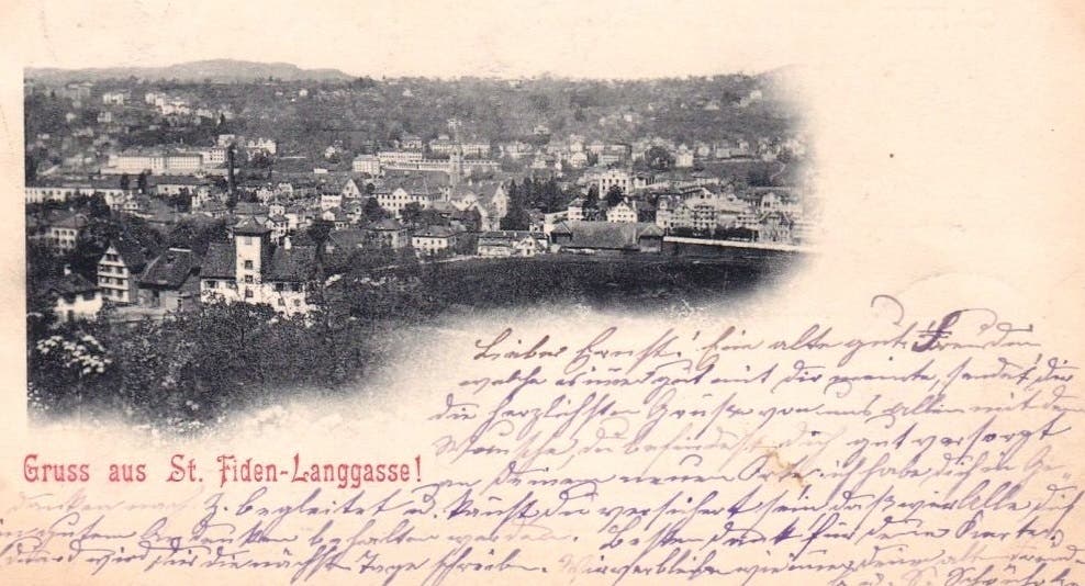 Ein Blick über einen Teil der Gemeinde Tablat um 1899. Im Vordergrund St.Fiden. Im Hintergrund ist am linken Bildrand die Strafanstalt St.Jakob zu erkennen.
