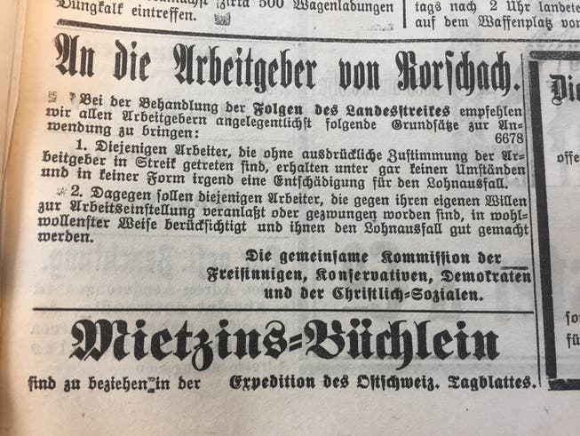 Das Inserat des Arbeitgeber-Aufrufs nach dem Generalstreik vom 16. November 1918 in der Rorschacher Zeitung. (Bild: Archiv)