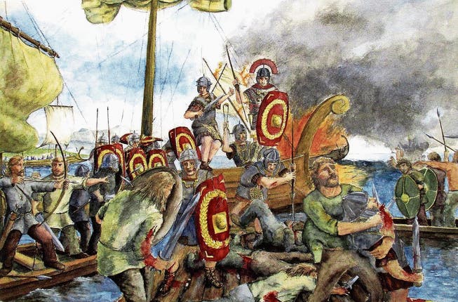 Die Seeschlacht zwischen Römern und Vindelikern (Kelten) 15 v. Chr. auf dem Bodensee – visualisiert von Roland Gäfgen. (Bild: Bilder: PD)