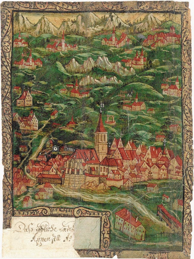 Die frei gestaltete Kirchturmlandschaft des Appenzellerlandes in einer Miniatur von Jakob Girtanner (1527–1600), datiert 1586. Im Vordergrund Appenzell, der Hauptort des damals noch ungeteilten Landes, oben rechts Herisau. (Bild: Landesarchiv Appenzell Innerrhoden, Appenzell)