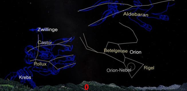 So präsentiert sich der Astrohimmel am 15. Oktober um Mitternacht vom Verkehrshaus mit Blickrichtung Osten (Richtung Rigi). (Illustration: Verkehrshaus der Schweiz. Panorama: Stefan Blaser)