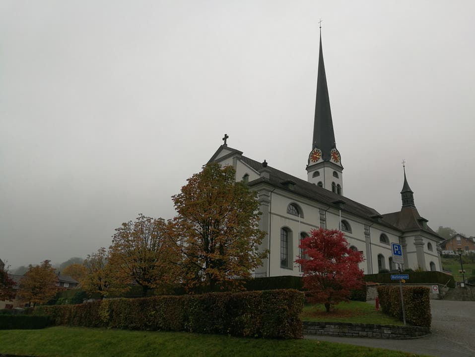 Die Kirche St. Martin in Malters. Trotz des Nebels gibt es, dank der Baumallee in der Martinsgasse, farbige Impressionen. (Bild: Urs Gutfleisch, 29. Oktober 2018)