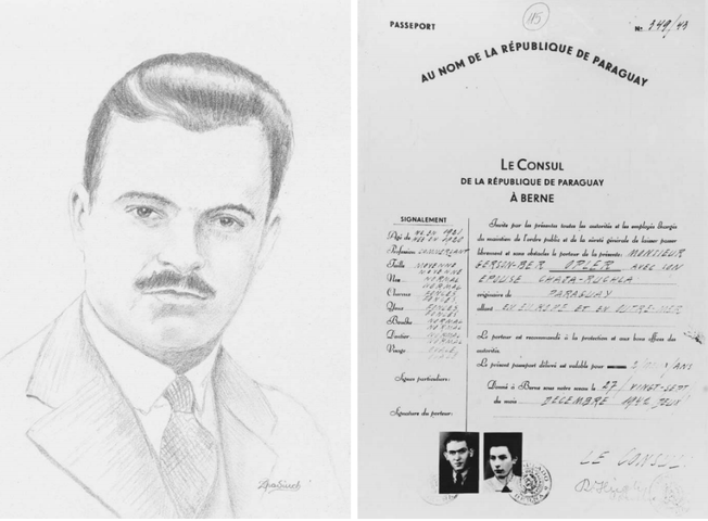 Ein Porträt des ehemaligen polnischen Konsuls in Bern, Konstanty Rokicki. Daneben ein Beispiel eines von Rokicki ausgefüllten, falschen Passes. (PD/ Archiv Yad Vashem)