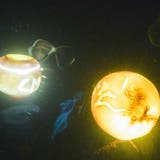 Zwei Taucher beleuchten mit ihren Lampen in dunkler Tiefe des Untersee ihre geschnitzten Rüben. (Bild: PD/Sandra Büchi)