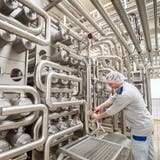 Der Werksleiter der Hochdorf Swiss Nutrition AG entnimmt an der Ultrafiltrationsanlage eine Probe, um die Proteinwerte des zukünftigen Milchpulvers zu prüfen. (Bild: PD)
