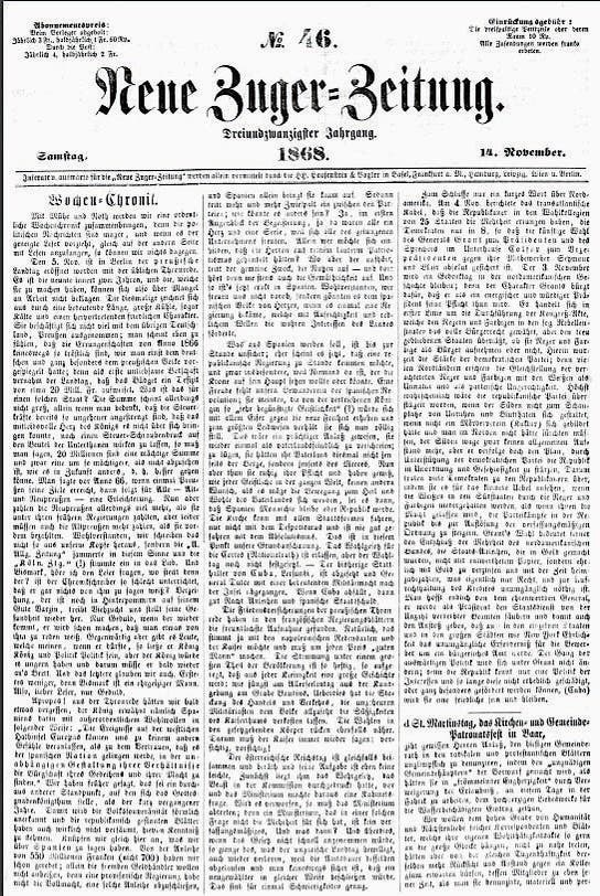 Die Ausgabe der «Neuen Zuger-Zeitung» vom 14. November 1868.