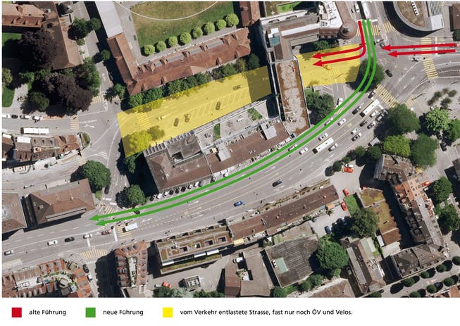 Das gelb markierte Gebiet soll dank der Y-Lösung (grüne Pfeile) beruhigt werden. (Visualisierung: Stadt Luzern)