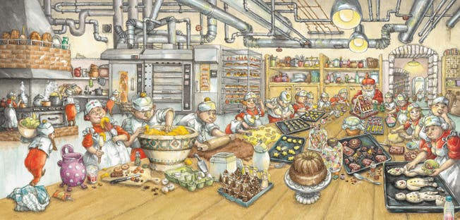 Turbulent geht es zu und her in der Weihnachtsbäckerei – diese und zahlreiche weitere Illustrationen hat Viviane Dommann für Kinder- und Liederbücher gemacht. (Bild: PD)