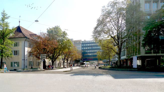 So könnte der verkehrsberuhigte Abschnitt der Obergrundstrasse beim Pilatusplatz aussehen. (Visualisierung: Stadt Luzern)