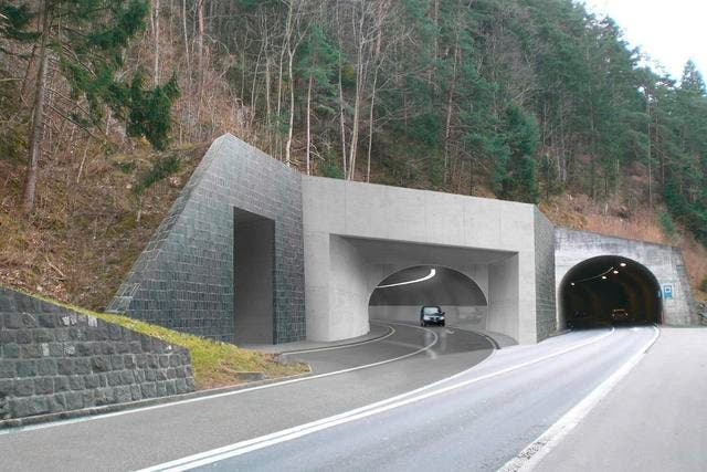 Das geplante neue Tunnelportal auf dem Gemeindegebiet von Morschach, rechts die alte Axenstrasse. (Bild: PD)