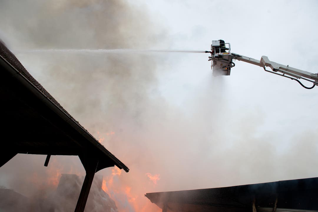 Feuerwehrleute rückten den Flammen mit Drehleitern zuleibe. (Bild: Dominik Wunderli / Neue LZ)