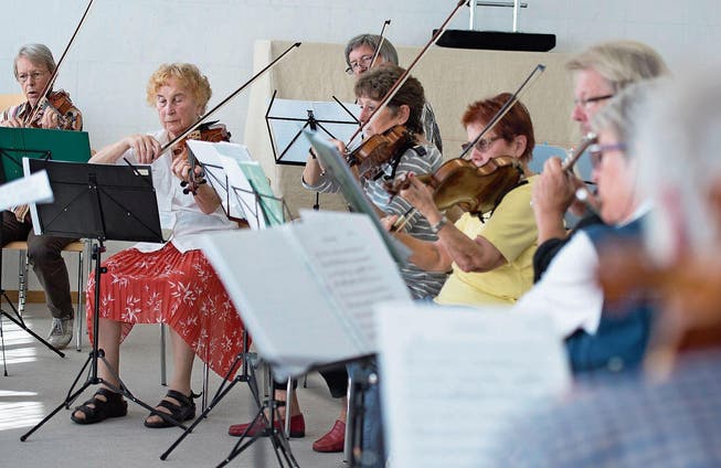 Das Geigenregister des Zuger Seniorenorchesters übt mit hoher Konzentration. (Bild: Maria Schmid (Baar, 5. September 2017))