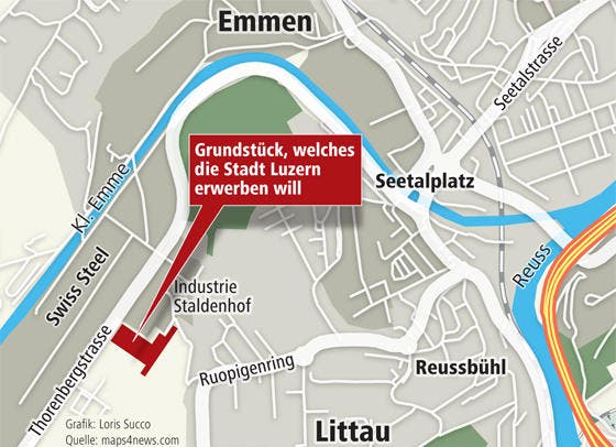 An der Thorenbergstrasse in Littau vis-à-vis der Swiss Steel will die Stadt Land kaufen. (Bild: Neue LZ)
