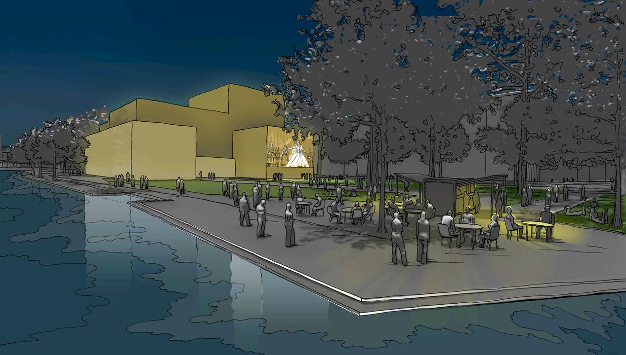 Salle Modulable am Standort Inseli bei Nacht mit Aussenprojektion (Bild: Visualisierung PD)