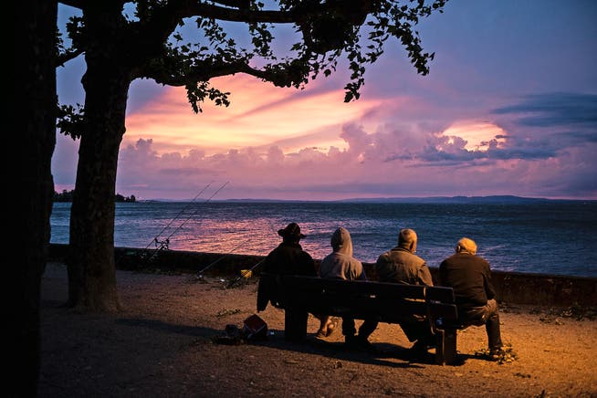 Männer verschiedenen Alters geniessen einen Sonnenaufgang am Bodensee in Rorschach. (Bild: Gian Ehrenzeller/Keystone)