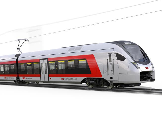 So könnten die neuen Triebzüge für die Gotthard-Panoramastrecke dereinst aussehen. Von diesem Entwurf kann die definitive Farbgebung laut der SOB allerdings noch abweichen. (Bild: pd)
