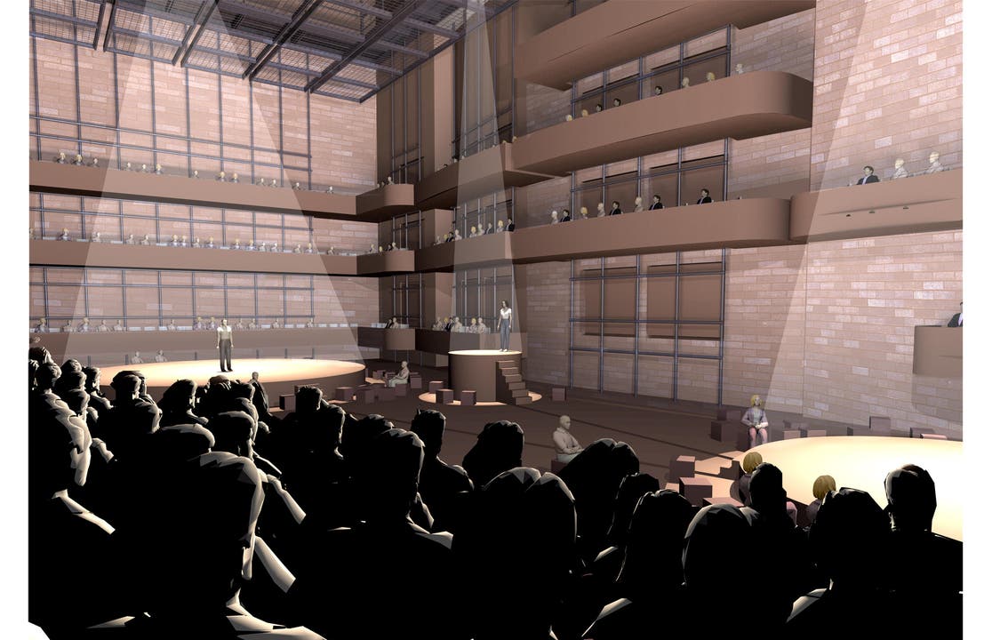 Mögliche Innenansicht der grossen Bühne im neuen Theater Luzern: Offene Flachbodenanordnung mit mehreren Bühnen. (Bild: Visualisierung PD)