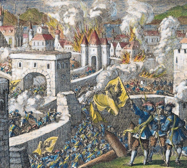 Kaiserliche Truppen erobern und zerstören am 20. Mai 1631 die Stadt Magdeburg. Ausschnitt aus einer Radierung von Jan und Caspar Luyken, neu koloriert. (Bild: AKG)