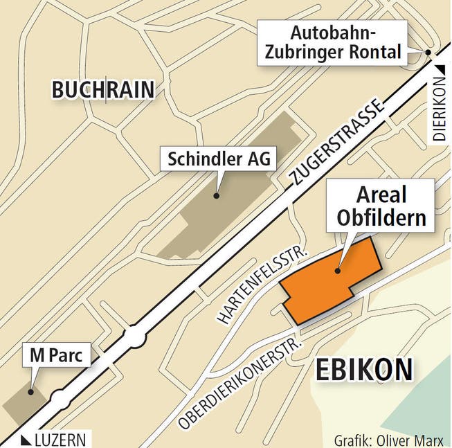 Auf dem Areal Obfildern in Ebikon sind 220 Wohnungen geplant. (Bild: Grafik Oliver Marx)