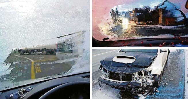 Bilder, wie sie die Luzerner Polizei in den letzten Jahren immer wieder antraf: Weil die Autofahrer durch die Scheiben kaum etwas sehen (links oben), kommt es zu vielen Unfällen (unten). (Bild: PD)