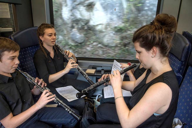 Junge Musikanten haben gestern im Zug zum Konzert geladen. Bild: Nadia Schärli (Schüpfheim, 25. September 2016 )