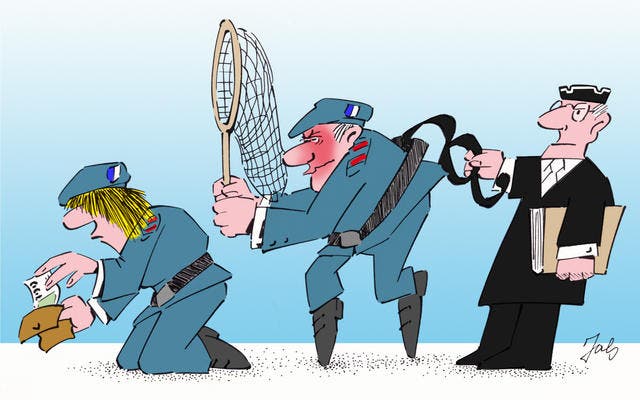 Von einem Paragrafen gestoppt: Trotz Geständnis bleibt der Diebstahl der Polizistin unbestraft. (Bild: Karikatur Jals)