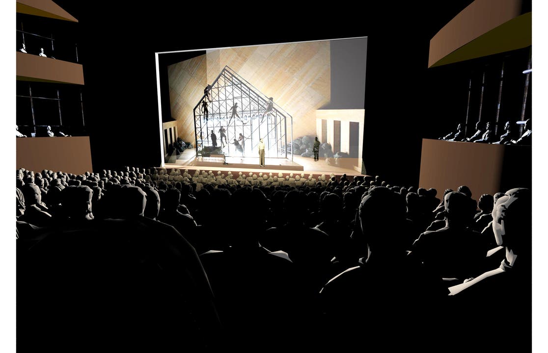 Mögliche Innenansicht der grossen Bühne im neuen Theater Luzern: Klassische Theateranordnung. (Bild: Visualisierung PD)