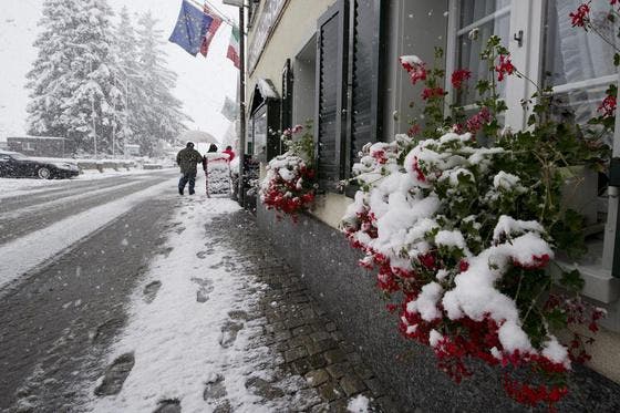 Schneebedeckte Geranien vor einem Restaurant in Andermatt. (Bild: Keystone)