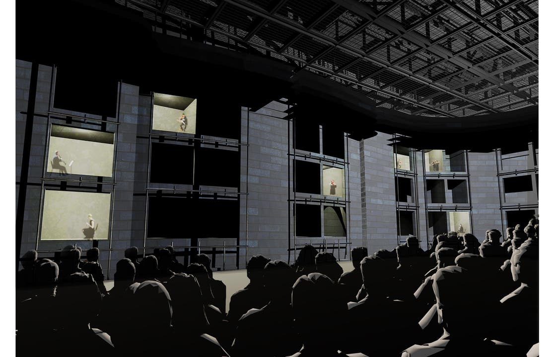 Mögliche Innenansicht der grossen Bühne im neuen Theater Luzern: Alternative Inszenierung mit Akteuren in Fensteröffnungen in der Wand.