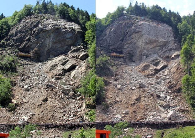 Vor der Sprengung am 16. Juni (links) und nach der Sprengung am 18. Juni. (Bild: René Meier / Luzernerzeitung.ch)