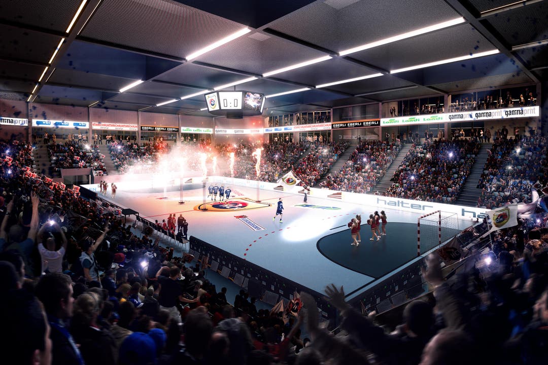 Blick in die multifunktionale Sport- und Eventhalle Pilatus-Arena in Kriens mit 4'000 Plätzen. (Bild: Visualisierung Raumgleiter AG, Zürich)
