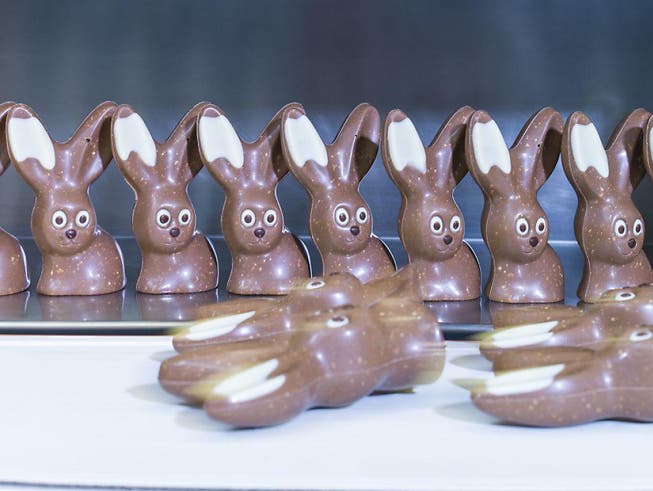 Schoggihasen-Produktion bei Chocolat Frey: 2017 produzierte die Migros-Tochter allein für den Schweizer Markt rund 5 Millionen Hasen. (Bild: Chocolat Frey AG)