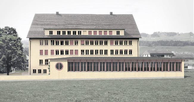 Das Dorfschulhaus von Schüpfheim mit dem geplanten Erweiterungsbau. (Bild: Visualisierung: Auf der Maur & Böschenstein Architekten/Baureag Architekten)