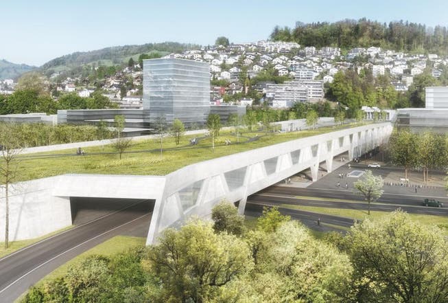 Das Siegerprojekt für das Bypass-Portal in Kriens enthält ein sogenanntes Brückenhaus. (Bild: Visusalisierung: Gemeinde Kriens)