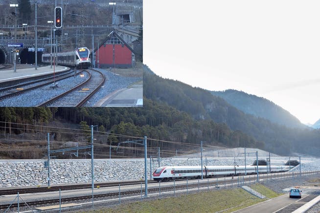 Seit gestern donnern Züge aus und nach dem Süden offiziell durch den Gotthard-Basistunnel (im grossen Bild das Nordportal bei Erstfeld). Derweil verkehren Flirts auf der alten Bergstrecke (Nordportal bei Göschenen, kleines Bild). (Bilder: Marco Morosoli, Gaetan Bally/Keystone (11. Dezember 2016))