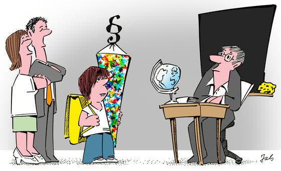 Eltern versuchen heute vermehrt, persönliche Anliegen an der Schule durchzusetzen.(Karikatur Jals)