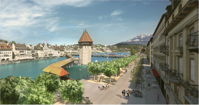 Das Siegerprojekt des Wettbewerbs: Mit zwei Baumreihen ähnelt die umgestaltete Bahnhofstrasse dem Schweizerhofquai. (Bild: pd/Visualisierung)