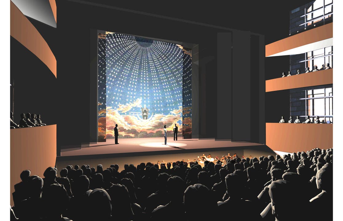 Mögliche Innenansicht der grossen Bühne im neuen Theater Luzern: Klassische Opernanordnung mit Orchestergraben. (Bild: Visualisierung PD)