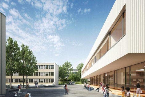 Das geplante Gersag-Schulhaus (r.) mit dem Pausenplatz. (Visualisierung pd)