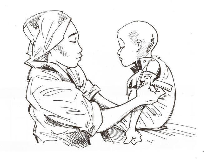 Eine Krankenpflegerin untersucht im Kinderspital Magaria einen kleinen Jungen. (Bild: Illustration: Sandro Hagen)