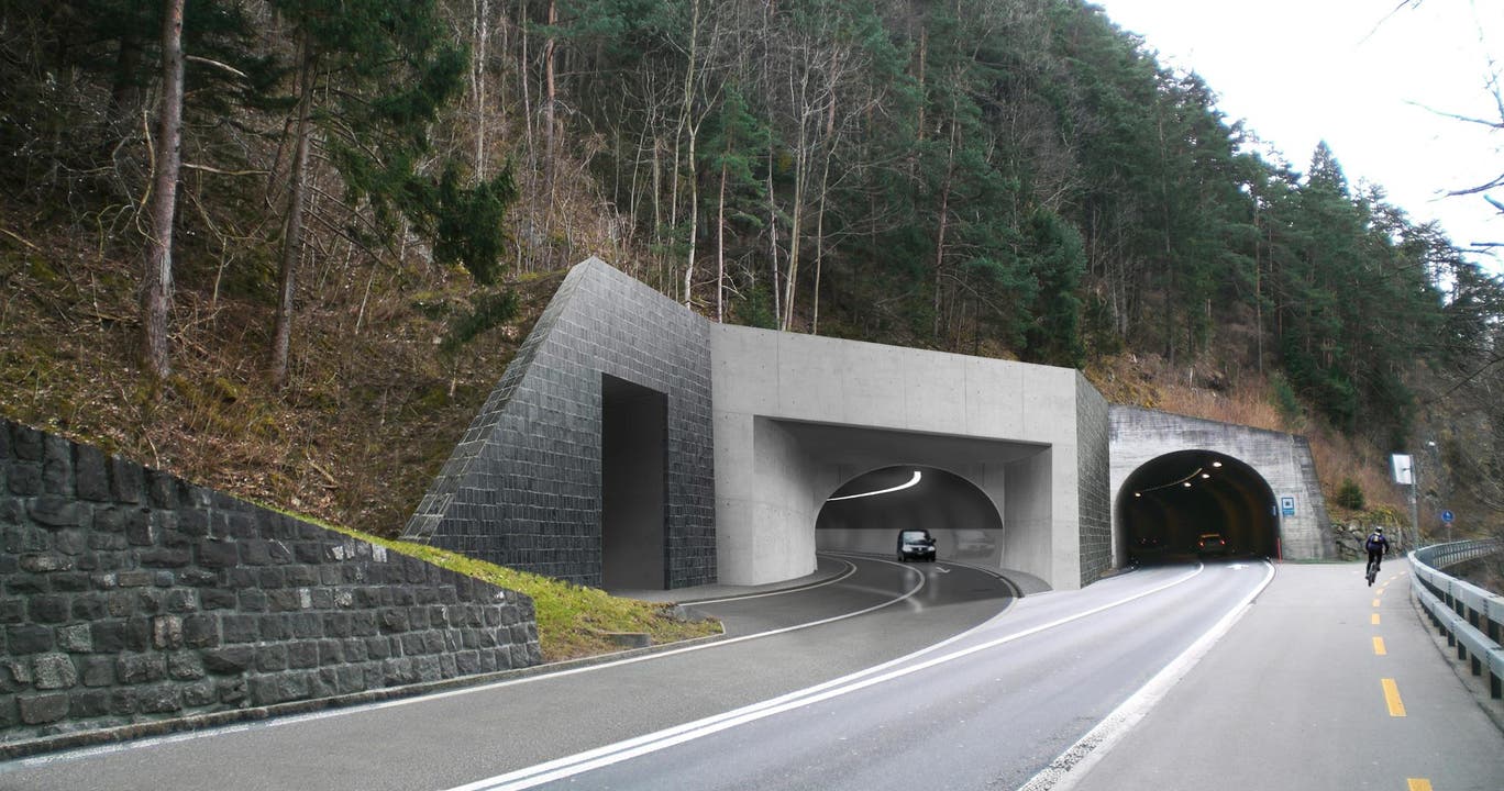 Das geplante neue Tunnelportal in Ort auf dem Gemeindegebiet von Morschach, rechts die alte Axenstrasse. (Bild: PD)