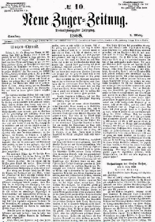 Eine Frontseite der Neuen Zuger Zeitung vom März 1868.