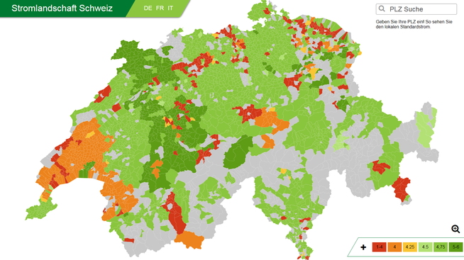 Übersicht über die Stromlandschaft Schweiz, unterteilt in Gemeinden. (Bild: Screenshot pd)