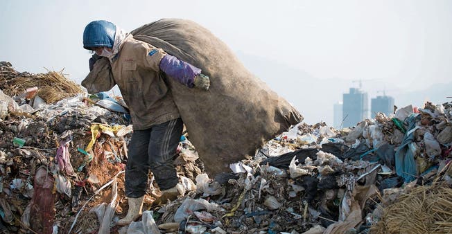 Eine Frau sammelt Plastikflaschen in einer Abfalldeponie in Dalian, um sie vom restlichen Abfall zu trennen. (Bild: Thomas Dooley/Getty (10. Januar 2008))