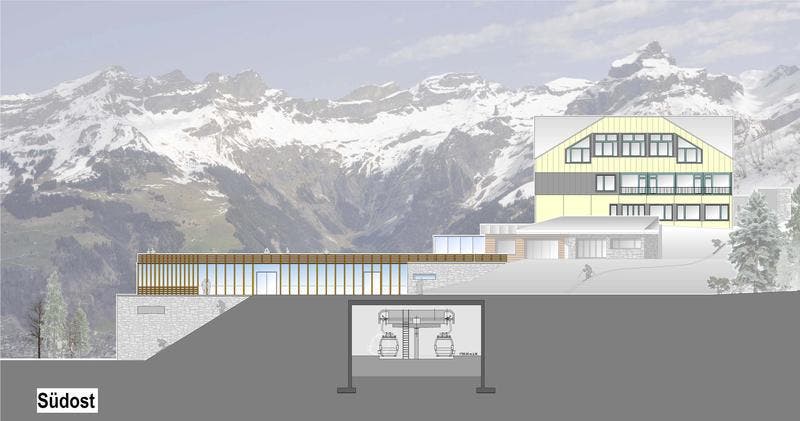 Gut sichtbar ist die neue Terrasse mit 1500 Quadratmetern über der Bahnstation. (Bild: Visualisierung PD)