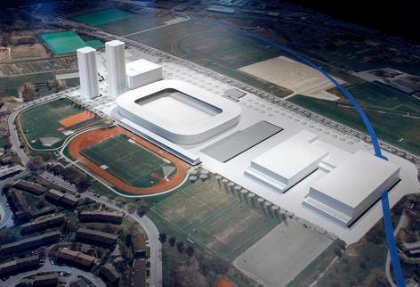 Das Modell des neuen Stadions, der Messehallen und der Linienführung der Zentralbahn auf der Allmend. (Bild Urs Flüeler)