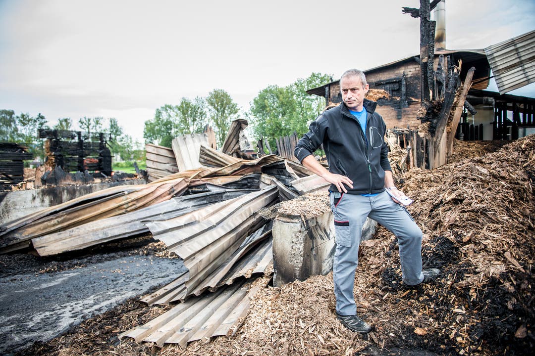 Betriebsleiter Christian Amhof vor der abgebrannten Lagerhalle der Firma Lang Holz Sägewerk AG. (Bild: Roger Grütter / Neue LZ)