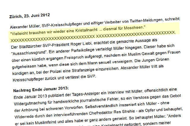 Die Endfassung nach dem Rechtsstreit: Auf www.hans-stutz.ch ist ein Satz ist gelöscht, das folgenschwere Zitat steht noch. (Bild: Screenshot Christian Volken / luzernerzeitung.ch)