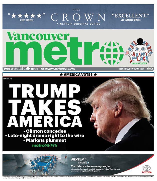 Die kanadische Zeitung "Vancouver Metro". (Bild: Printscreen)